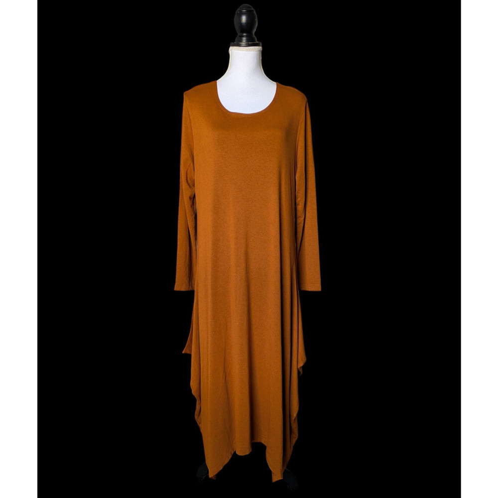 Bryn Walker Rust Orange Midi Dress Size Large Rayon Spandex Asymmetrical USA